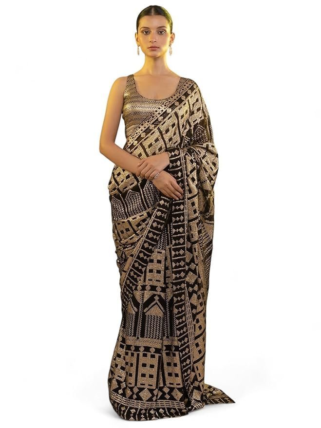 71M0L5OkYQL._SY879_.jpg Women's Black Sequins Work Heavy Georgette Saree with Blouse (1024-Black-Sequins-Designer-Saree-Latest, Black) - Image 1